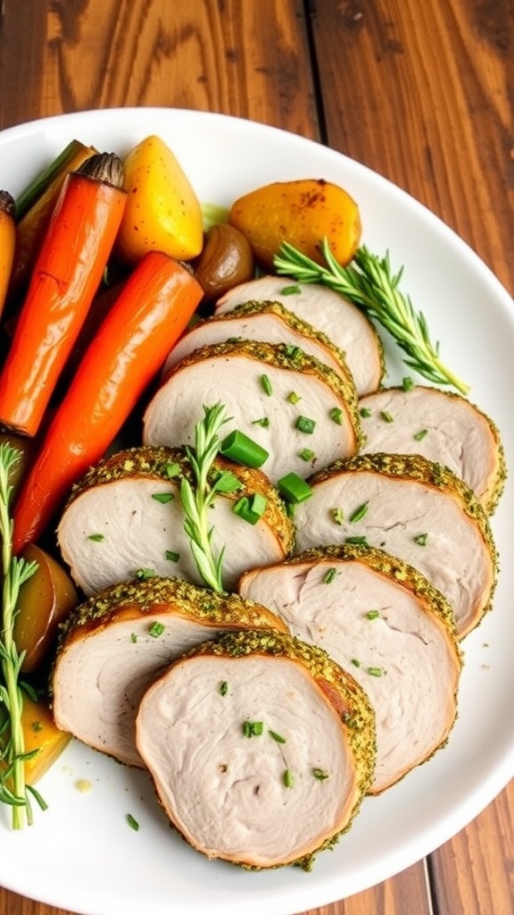 Sliced herb-crusted pork tenderloin with roasted vegetables on a rustic wooden table.